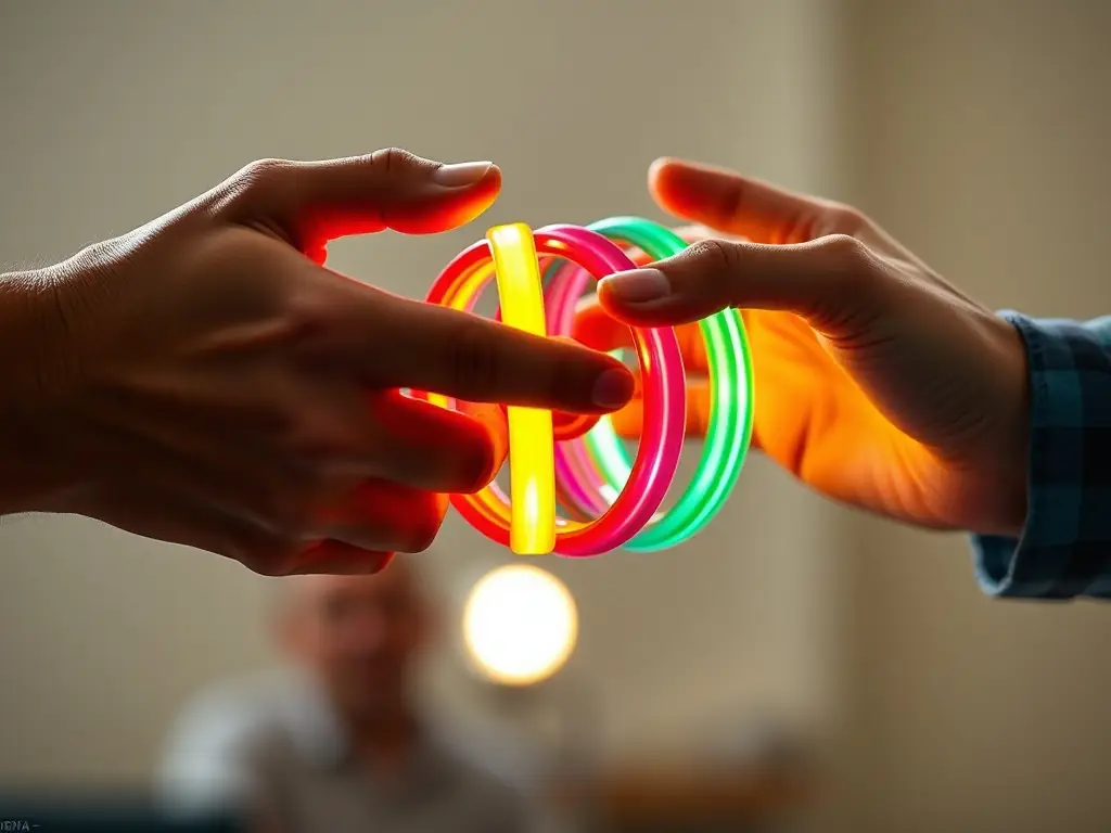A close-up shot of hands exchanging a diabolo during a skill-sharing session, highlighting the collaborative and supportive atmosphere of JONGLE ATTAQUE.