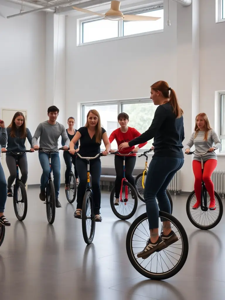 A captivating image of a unicycle riding class, with participants learning to balance and maneuver on unicycles under the guidance of an instructor at JONGLE ATTAQUE.