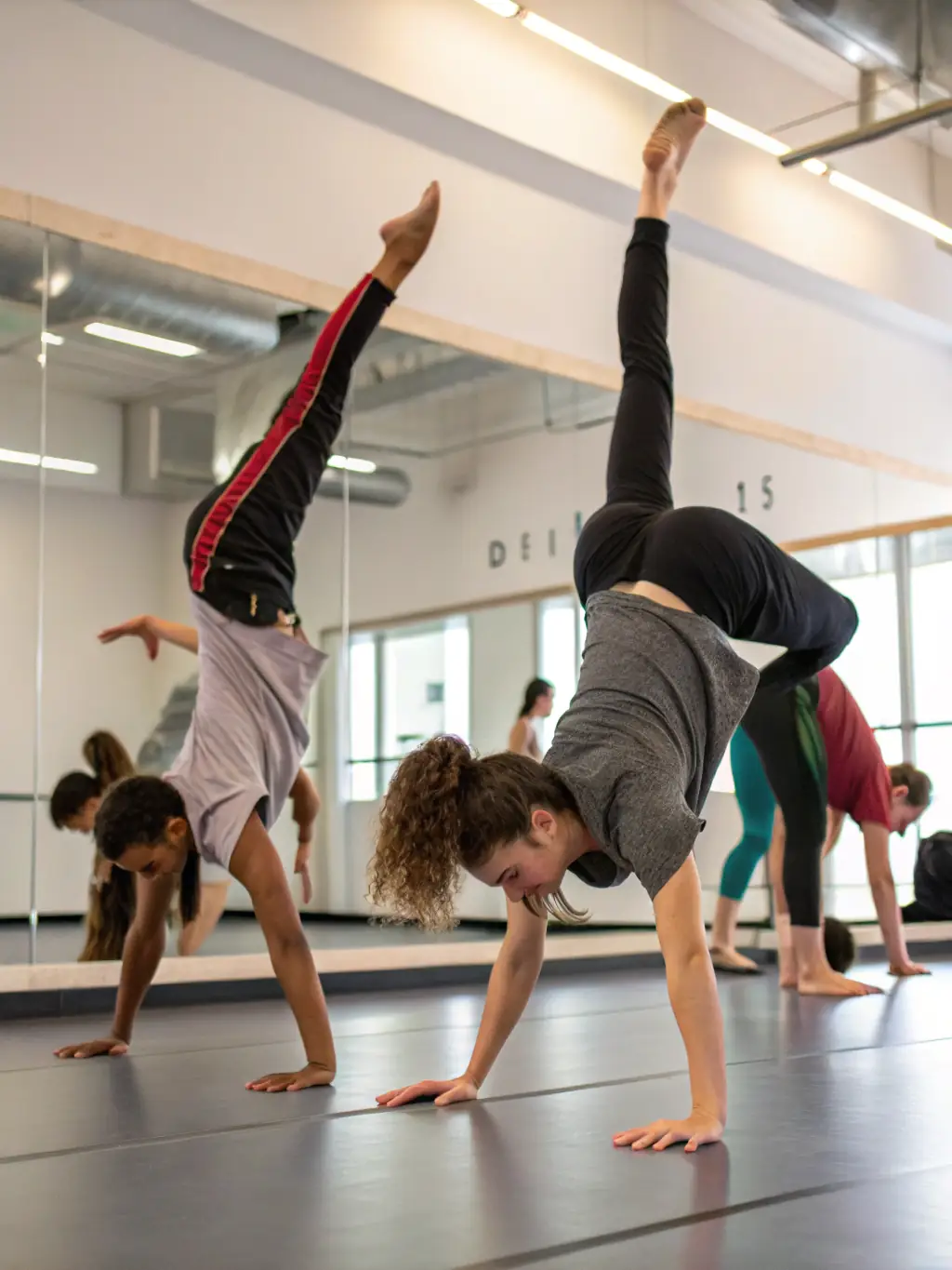 A dynamic photo capturing a group of acrobats practicing partner acrobatics during a training session at JONGLE ATTAQUE, showcasing teamwork and skill.
