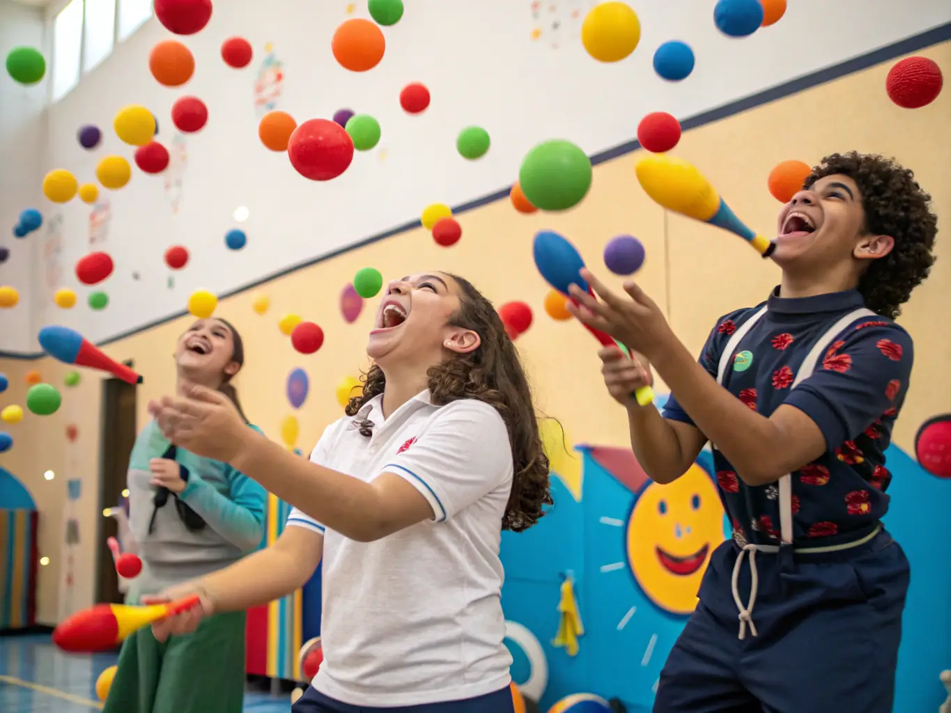 A dynamic image capturing a juggling workshop in progress, with participants of various ages and skill levels actively engaged in learning new juggling techniques under the guidance of an instructor.