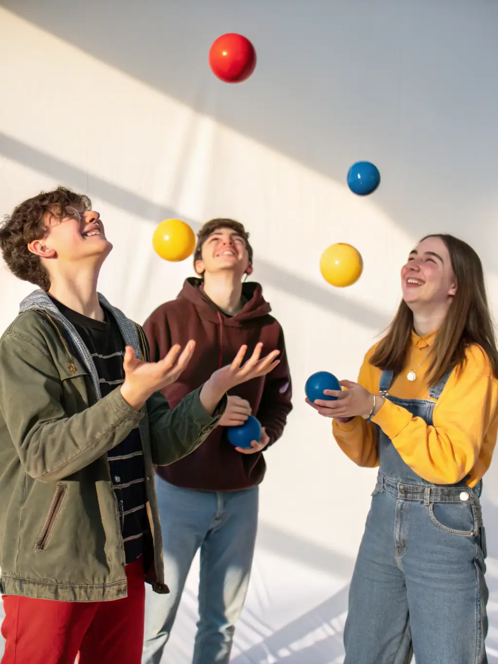 A vibrant image of a juggling workshop in progress, with participants of various ages and skill levels focused on learning new juggling techniques at JONGLE ATTAQUE.