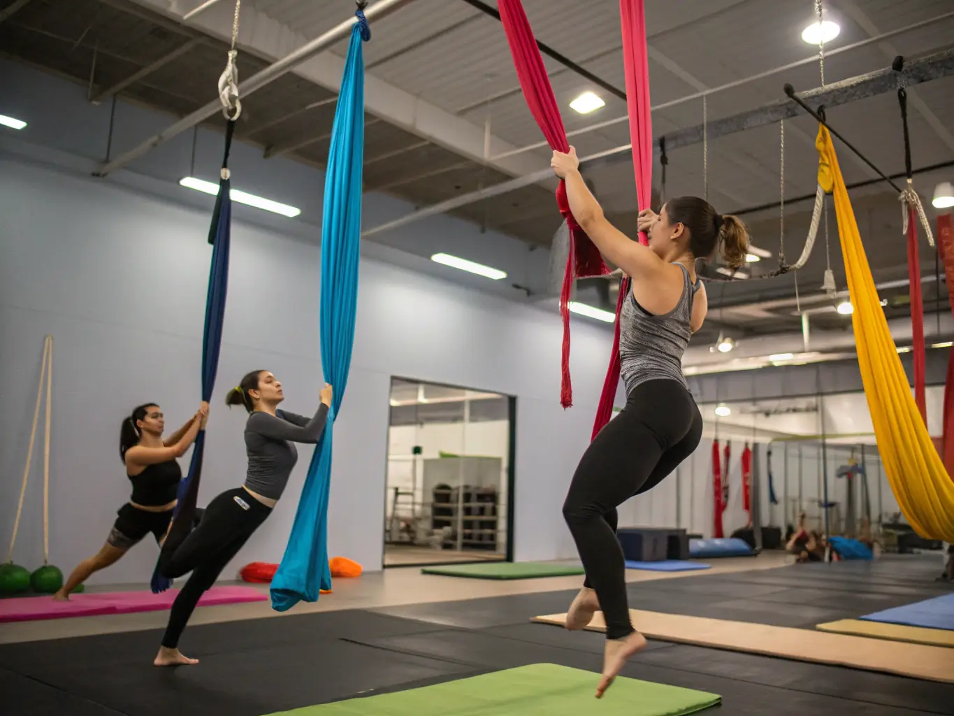 A photograph showcasing a group of acrobats practicing partner acrobatics during a training session, demonstrating teamwork, balance, and trust.